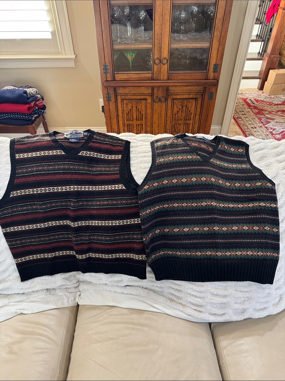 Lot of 2 Ralph Lauren Men's V-Neck Sweater Vests in Black, Green and Burgundy